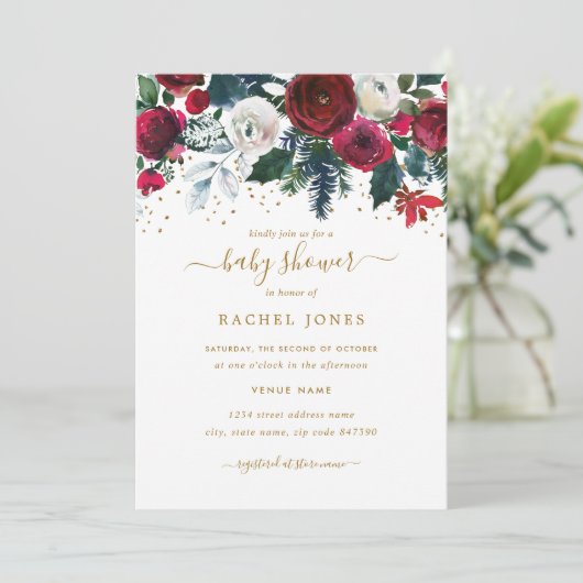 Bourgogne Rood Goud Bloemen Kerst Baby shower Kaart (Staand voorkant)