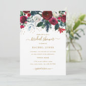 Bourgogne Rood Goud Bloemen Kerst Vrijgezellenfees Kaart (Staand voorkant)