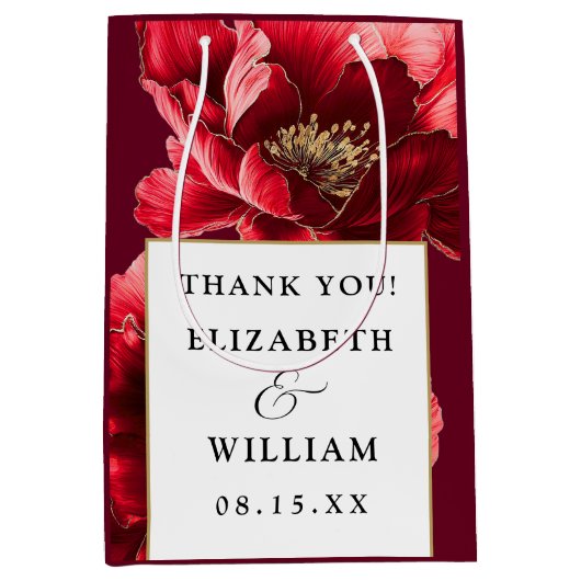 Bourgogne Rood Goud Bloemen Moderne bruiloft Dank  Medium Cadeauzakje (Voorkant)