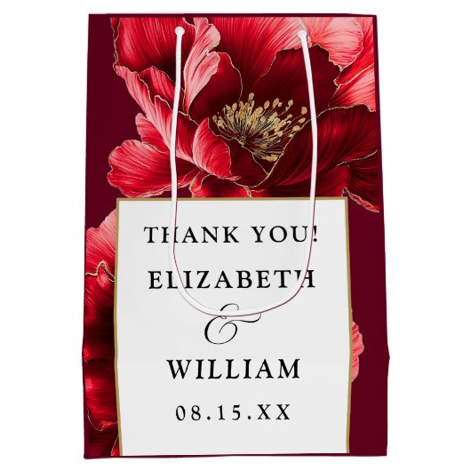 Bourgogne Rood Goud Bloemen Moderne bruiloft Dank  Medium Cadeauzakje (Achterkant)