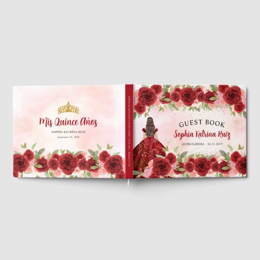 Bourgogne Rood Goud Bloemen Prinses Quinceañera Gastenboek (Volledig)