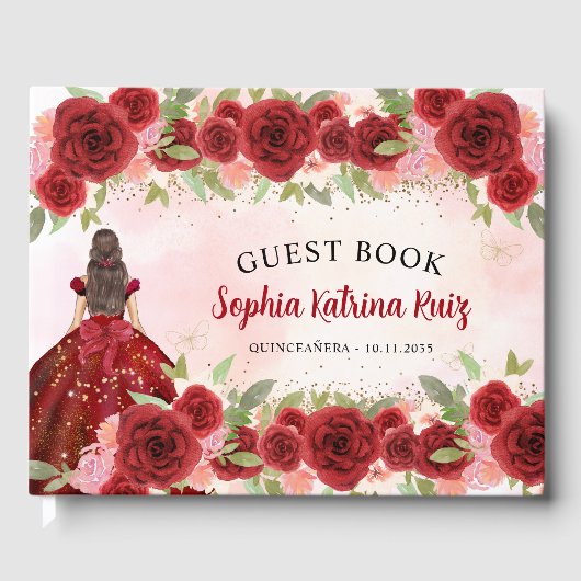 Bourgogne Rood Goud Bloemen Prinses Quinceañera Gastenboek (Voorkant)