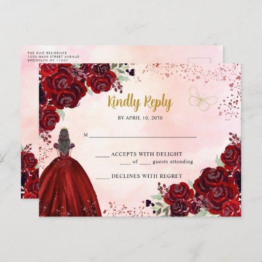 Bourgogne Rood Goud Bloemen Prinses Quinceañera RS Briefkaart (Voorkant / Achterkant)