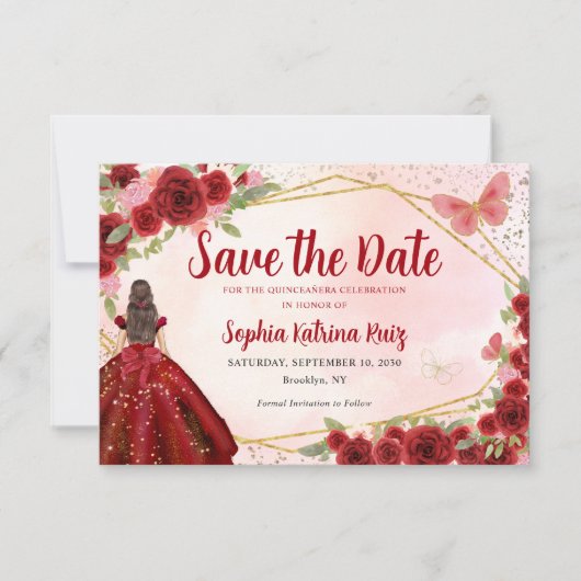 Bourgogne Rood Goud Bloemen Prinses Quinceañera Save The Date (Voorkant)