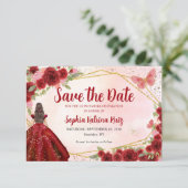 Bourgogne Rood Goud Bloemen Prinses Quinceañera Save The Date (Staand voorkant)