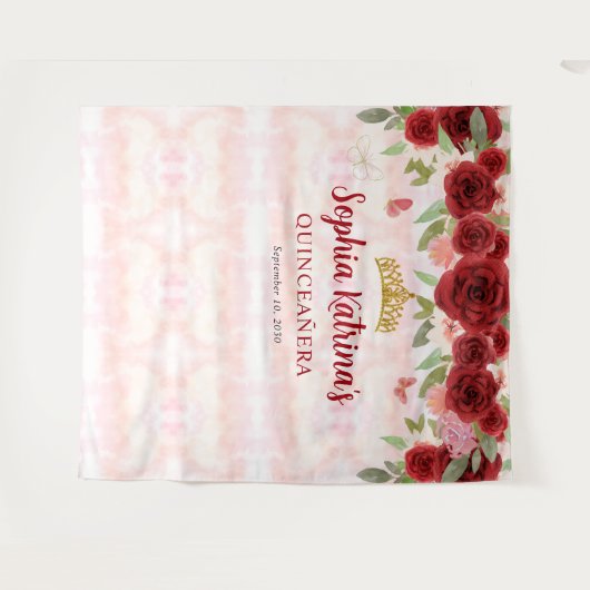 Bourgogne Rood Goud Bloemen Tiara Kroon Quinceañer Wandkleed (Voorkant (horizontaal))