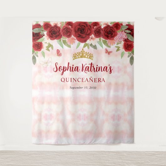 Bourgogne Rood Goud Bloemen Tiara Kroon Quinceañer Wandkleed (Voorkant)