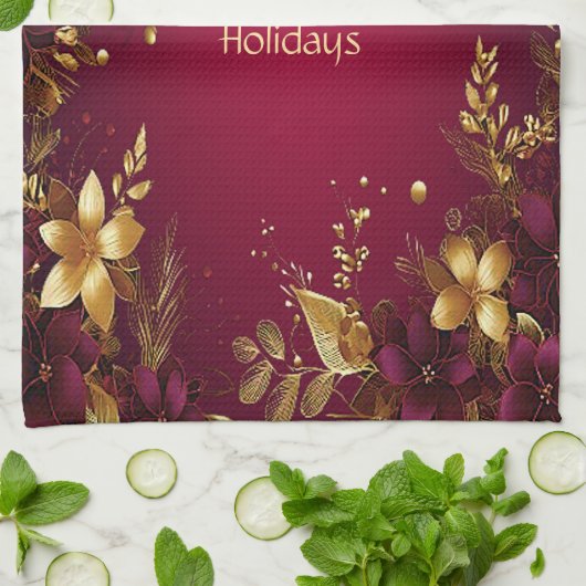 Bourgogne Rood Goud Bloemen Vakantie Keuken Handdo Theedoek (Gevouwen)