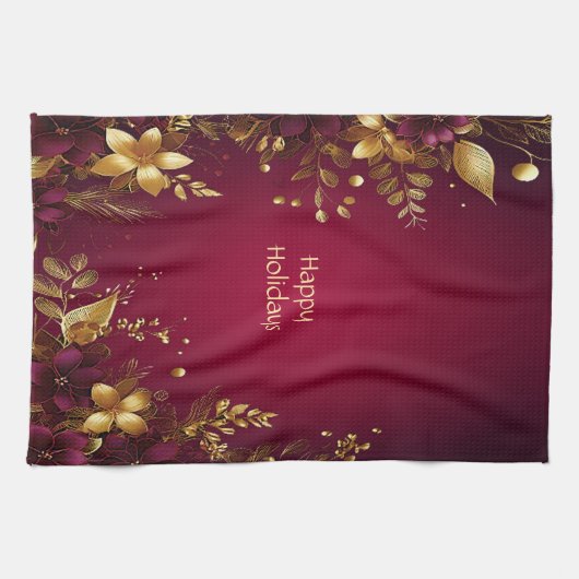 Bourgogne Rood Goud Bloemen Vakantie Keuken Handdo Theedoek (Horizontaal)