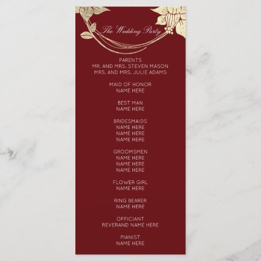 Bourgogne rood goud bloemenevenement bruiloft prog programmakaart (Achterkant)