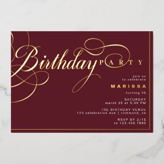 Bourgogne rood & goud | Fancy Maroon Verjaardagsfe Folie Uitnodiging (Voorkant)