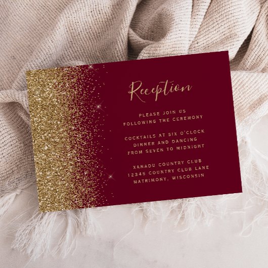 Bourgogne Rood Goud Glitter Edge Wedding Receptie Informatiekaartje