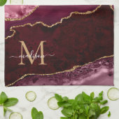 Bourgogne Rood Goud Glitter Geode Marmer Monogram Theedoek (Gevouwen)