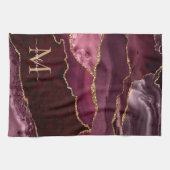 Bourgogne Rood Goud Glitter Geode Marmer Monogram Theedoek (Horizontaal)