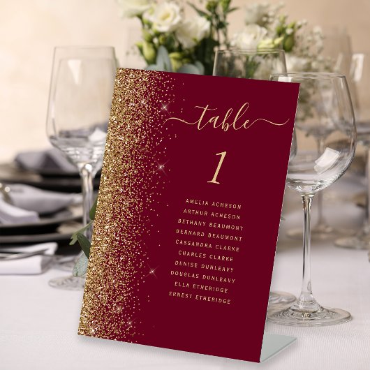 Bourgogne Rood Goud Glitter Trouwtafel Nummer Reclamebord Met Voetstuk