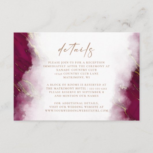 Bourgogne Rood Goud Marmeren bruiloft Details Informatiekaartje (Voorkant)