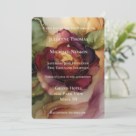 Bourgogne Rood Goud Roos Bloemen Huwelijk II Kaart (Staand voorkant)