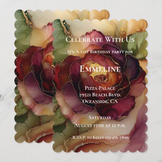 Bourgogne Rood Goud Roos Bloemen Verjaardag Kaart (Voorkant / Achterkant)