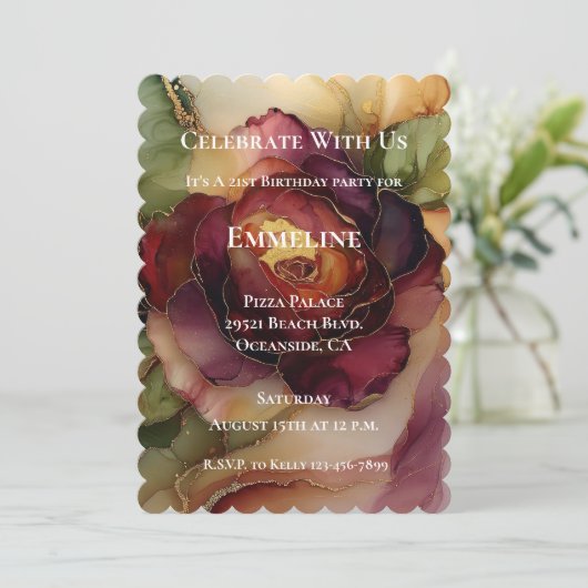 Bourgogne Rood Goud Roos Bloemen Verjaardag Kaart (Staand voorkant)