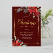 Bourgogne Rood Gouden Lijst Kerstfeest Folie Uitnodiging (Staand Voorkant)
