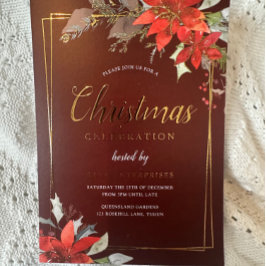 Bourgogne Rood Gouden Lijst Kerstfeest Folie Uitnodiging