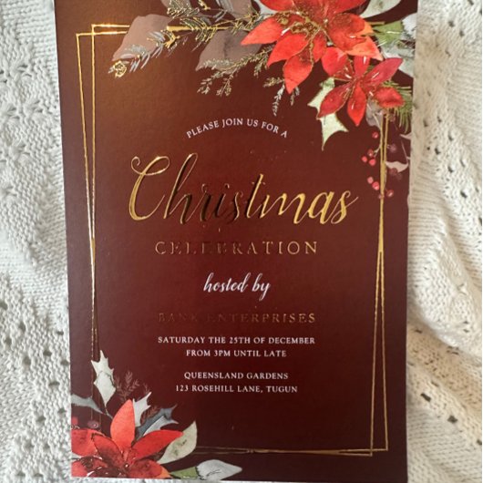 Bourgogne Rood Gouden Lijst Kerstfeest Folie Uitnodiging