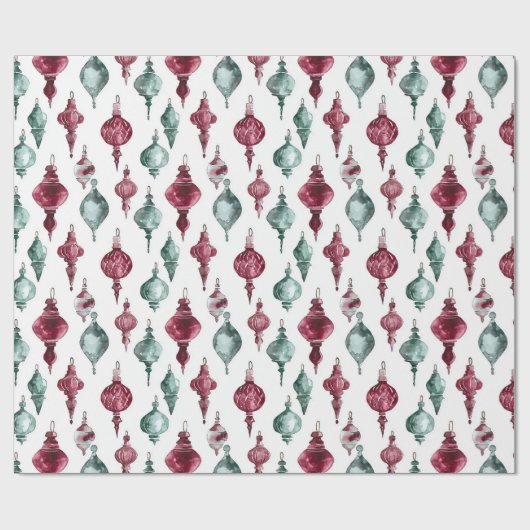 Bourgogne Rood Groene Kerst Ornamenten Cadeaupapier (Vlak)