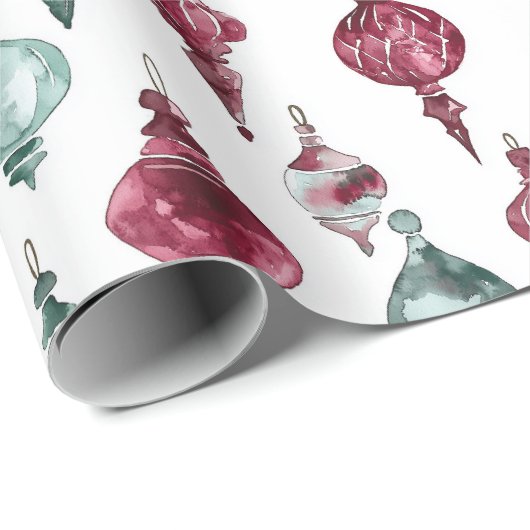 Bourgogne Rood Groene Kerst Ornamenten Cadeaupapier (Rol Hoek)