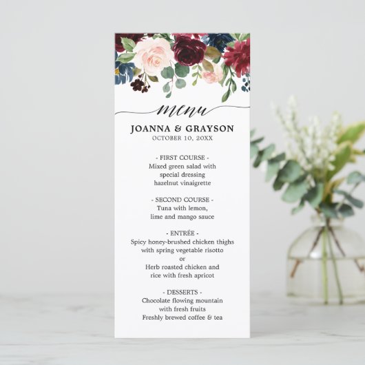 Bourgogne Rood Navy Blauw Waterverf Floral Boho Menu (Staand voorkant)
