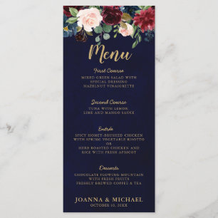 Bourgogne Rood Navy Blauw Waterverf Floral Boho Menu