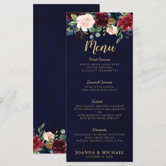Bourgogne Rood Navy Blauw Waterverf Floral Boho Menu (Voorkant / Achterkant)