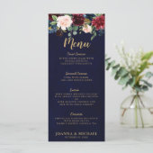 Bourgogne Rood Navy Blauw Waterverf Floral Boho Menu (Staand voorkant)