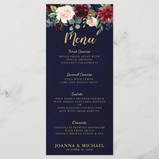 Bourgogne Rood Navy Blauw Waterverf Floral Boho Menu (Voorkant)