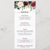 Bourgogne Rood Navy Blauw Waterverf Floral Boho Menu (Voorkant)