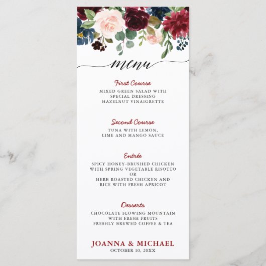 Bourgogne Rood Navy Blauw Waterverf Floral Boho Menu (Voorkant)