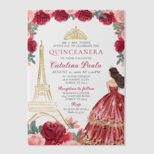 Bourgogne Rood Roze Goud Tiara Paris Quinceañera Vellum Uitnodigingen (Voorkant)