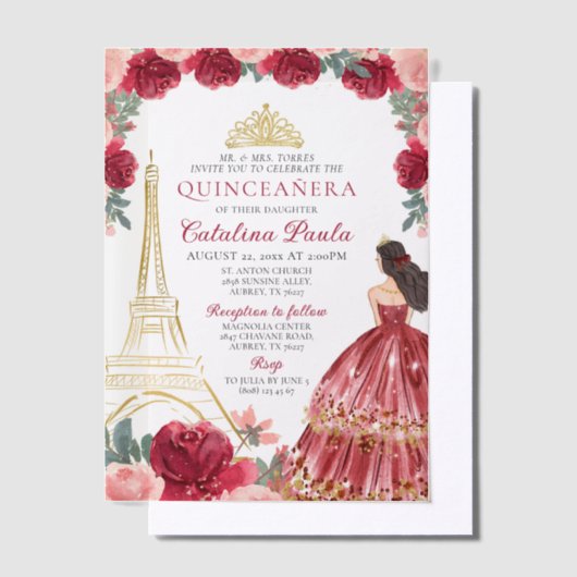 Bourgogne Rood Roze Goud Tiara Paris Quinceañera Vellum Uitnodigingen (Offset)