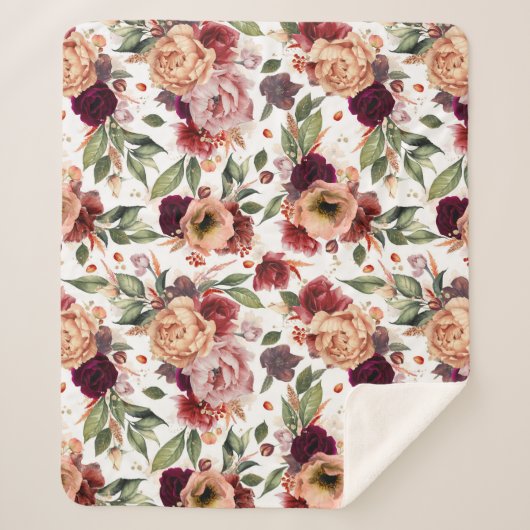 Bourgogne Rood Sinaasappel Bloemen Herfst Patroon  Sherpa Deken (Voorkant)