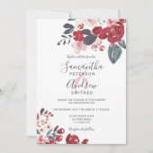 Bourgogne rood stoffig blauw bloemen foto bruiloft kaart (Voorkant)