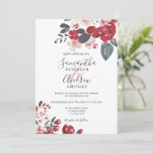 Bourgogne rood stoffig blauw bloemen foto bruiloft kaart (Staand voorkant)