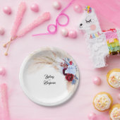 Bourgogne Rood Stoffig Blauw Bloemen Pampas Gras Papieren Bordje (Feest)