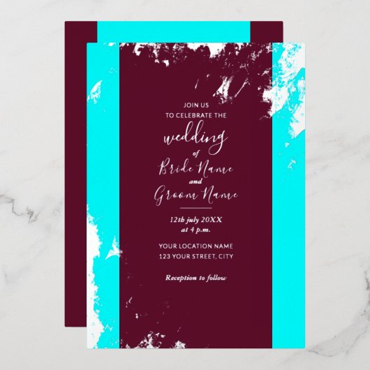Bourgogne Rood Turquoise Blauw Zilveren Graan Eleg Folie Uitnodiging (Voorkant / Achterkant)