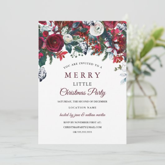 Bourgogne Rood Wit Bloemen Kerstfeest Kaart (Staand voorkant)