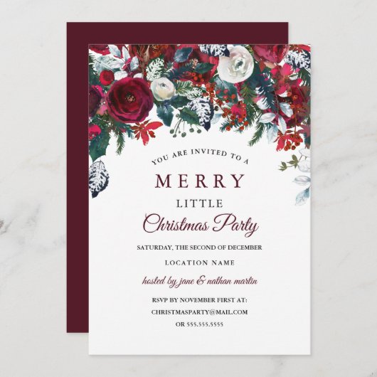Bourgogne Rood Wit Bloemen Kerstfeest Kaart (Voorkant / Achterkant)
