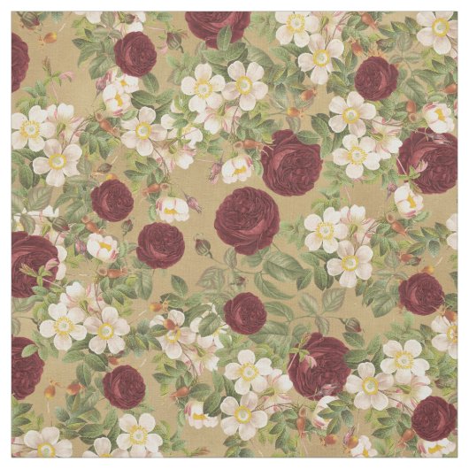 Bourgogne Rood & Wit Rozen met Knoppen Stof (Swatch)