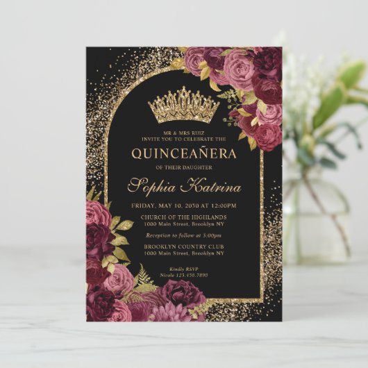 Bourgogne Rood Zwart Goud Bloemen Foto Quinceanera Kaart (Staand voorkant)