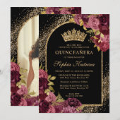 Bourgogne Rood Zwart Goud Bloemen Foto Quinceanera Kaart (Voorkant / Achterkant)