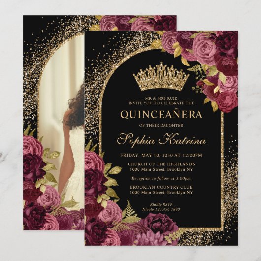 Bourgogne Rood Zwart Goud Bloemen Foto Quinceanera Kaart (Voorkant / Achterkant)