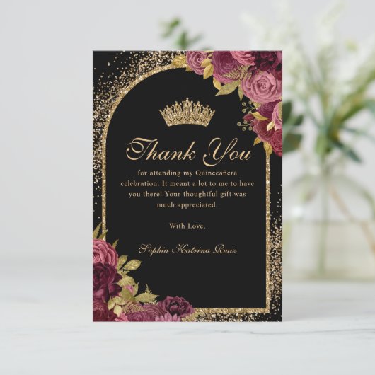Bourgogne Rood Zwart Goud Glitter Floral Quinceane Bedankkaart (Staand voorkant)
