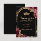 Bourgogne Rood Zwart Goud Glitter Floral Quinceane Bedankkaart (Voorkant / Achterkant)